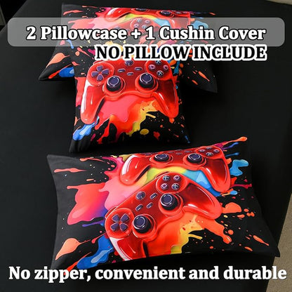 Full Size Gamer Comforter Set for Boys, Game Controller 6 Pcs Bed in a Bag Full Gaming Bediing Set for Boys Kids