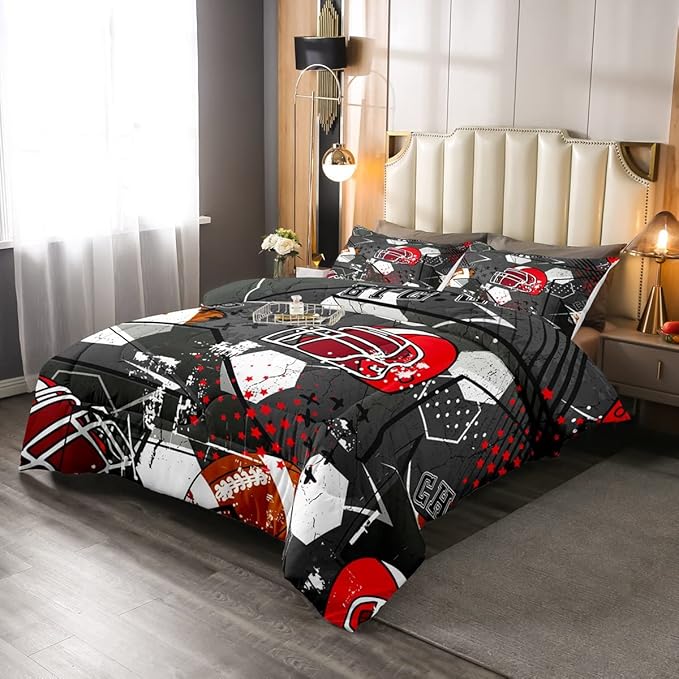 Erosebridal Football Comforter Set Twin,Red American Football Helmet Bedding Set for Kids Boys Teens Men Bed,Grunge Geometric Hexagon Comforter Retro Grey Soft Quilt Duvet Sets with 1 Pillow Case