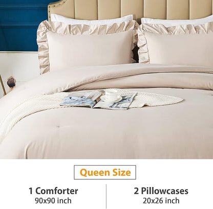 Andency Khaki Queen Comforter Set, 3 Pieces Farmhouse Shabby Chic Bedding Set for Queen Bed, All Season Soft Lightweight Microfiber Bed Set for Men Women