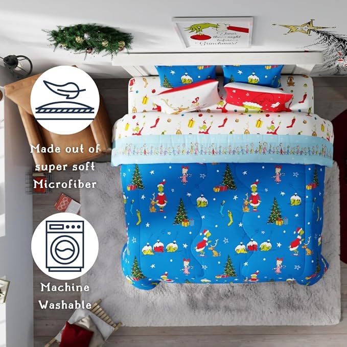 Franco Grinch by Dr. Seuss Holiday & Christmas Bedding Super Soft Comforter and Sheet Set with Sham, 7 Piece King Size (Official Dr. Seuss Product)
