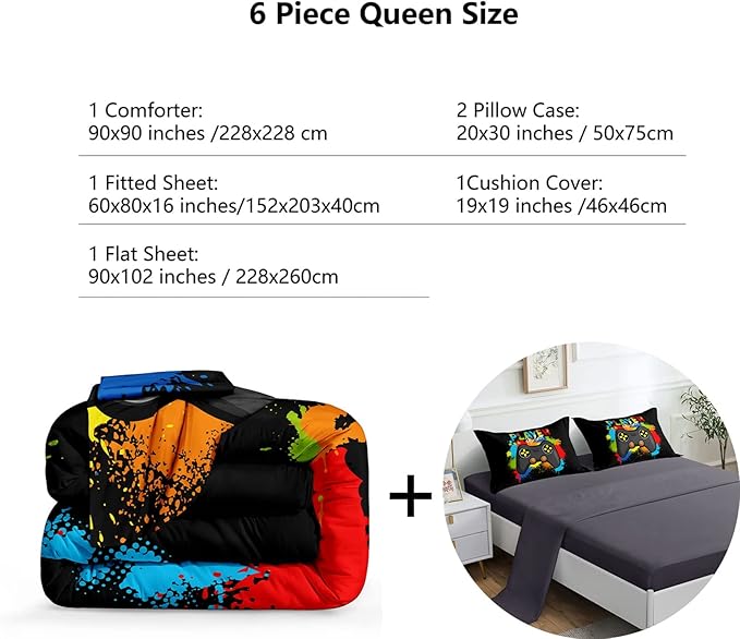 6 Pieces Gaming Bedding Set for Boys Gamer Comforter Set Queen Size,Game Controller Comforter for Boys Kids 6 Pieces Bed in A Bag 3D Gamepad Microfiber Bedding Sets,DJT H5019 Queen