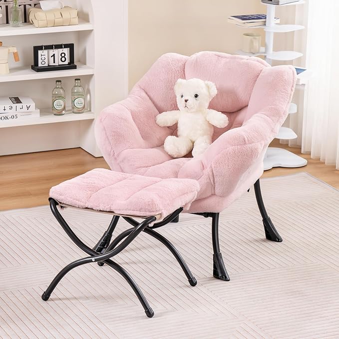 Welnow Toddler Kids Lazy Chair with Ottoman, Accent Comfy Lounge Children Armchair Couch with Armrest and Removable Cover, Detachable Reading Chair with Footrest for Boy or Girl, Plush Pink