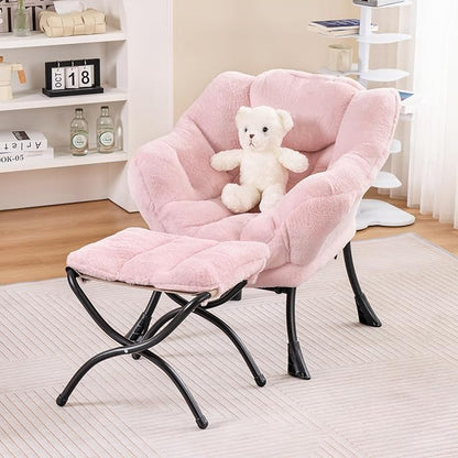 Welnow Toddler Kids Lazy Chair with Ottoman, Accent Comfy Lounge Children Armchair Couch with Armrest and Removable Cover, Detachable Reading Chair with Footrest for Boy or Girl, Plush Pink