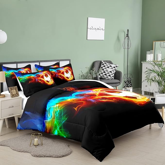 Bodhi Soccer Comforter Set King Size,Fire Sports Comforter Set for Boys,Football Bedding King,Teen Boy Bedding Set with Matching Pillowcases,Kids Comforter Set King