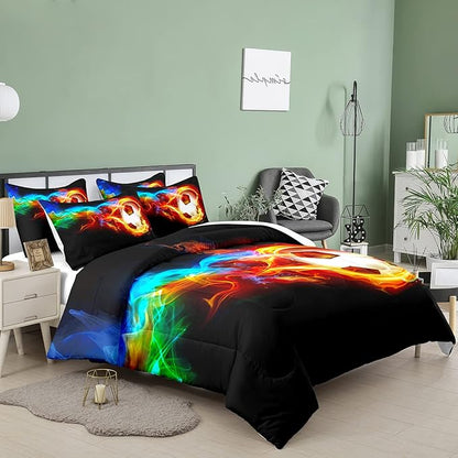 Bodhi Soccer Comforter Set King Size,Fire Sports Comforter Set for Boys,Football Bedding King,Teen Boy Bedding Set with Matching Pillowcases,Kids Comforter Set King