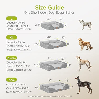 Dog Beds for Large Dogs, Orthopedic Dog Bed with Cooling Gel Memory Foam, Waterproof Large Dog Bed with Removable Washable Cover, 36" Dog Sofa Couch Dutch Velvet with Bone Toy, Light Gray