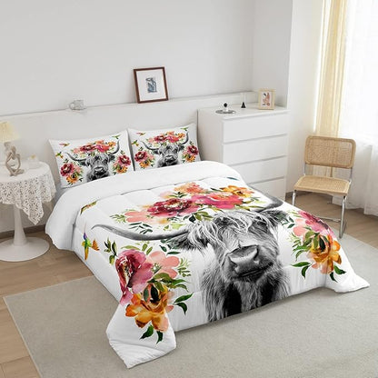 Erosebridal Highland Cow Floral Comforter Set Twin Size Bull Cattle Flower Bedding Set Wildlife Farmhouse Cow Quilt Hummingbird Duvet Insert Soft All Season White Down Comforter with 1 Pillowcase