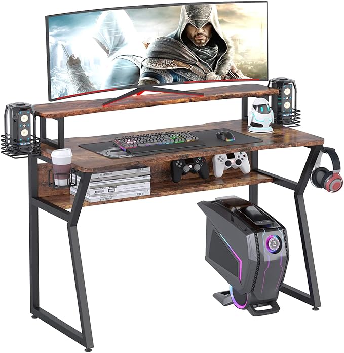 Gaming Desk, Computer Desk with Large Monitor Stand and Open Shelf, PC Laptop Gamer Table Workstation with Cup Holder, Headphone Hook, 2 Speaker Stand for Home Office (Rustic Brown)