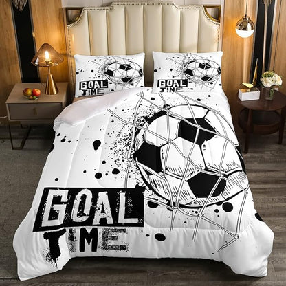 Erosebridal Kids Football Comforter Set Full Size American Soccer Bedding Set Sports Games Duvet Sets for Boys Girls Children Teens Geometric Polygon Down Comforter for Bedroom, Black White