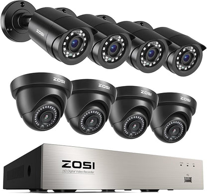 ZOSI 3K Lite 8CH Home Security Camera System Outdoor,8Channel H.265+ CCTV DVR,8pcs 1080p Weatherproof Surveillance Bullet Dome Cameras,Night Vision,AI Human/Vehicle Detection,Remote Access(No HDD)