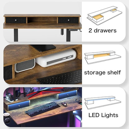Electric Adjustable Standing Desk, Sit Stand Desk with Power Outlets & LED Lights 48”Adjustable Height Standing Desk with Drawers Adjustable Table Desk Riser for Home Office