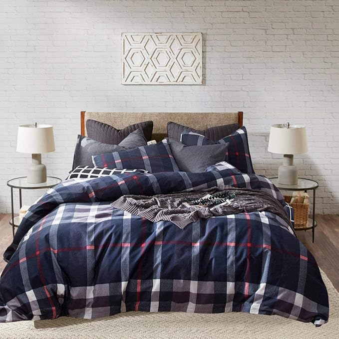 Navy Plaid Comforter Set Full Multicolor Checkered Bedding Quilt Set Navy Blue Tartan Grid Comforter Striped Blanket for Women Teens Adult Navy Checkered Plaid Comforter
