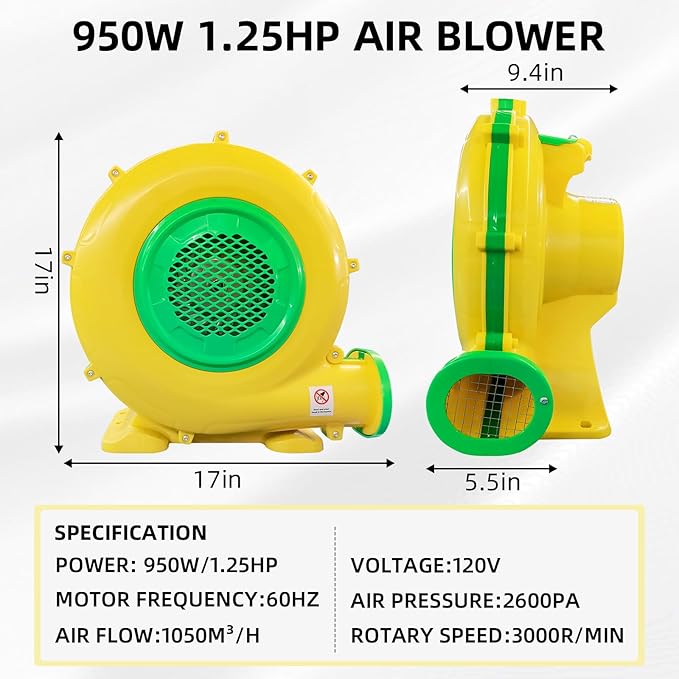 Air Blower, 950W 1.25HP Bounce House Blower, Portable Pump Fan Blower Perfect for Inflatable Bounce House, Bouncy Castle, Jumper, Water Slide, Blower Corded(950 Watt 1.25HP)