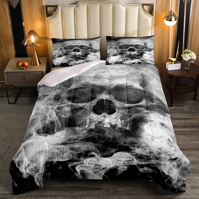 Erosebridal Skull Comforter Set Full, Halloween Down Comforter, Gothic Fog Smoke Skull Skeleton Quilted Duvet, Grey Bedding Comforters for Young Man Boy Teens, Room Decorative, Soft Duvet Insert