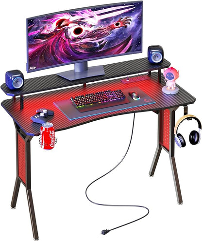 Gaming Desk with Power Outlets & LED Strip Lights,Computer Desk with Large Monitor Stand, Gamer Workstation with Stylish Metal Legs,Headphone Hook&Cup Holder for Home Office
