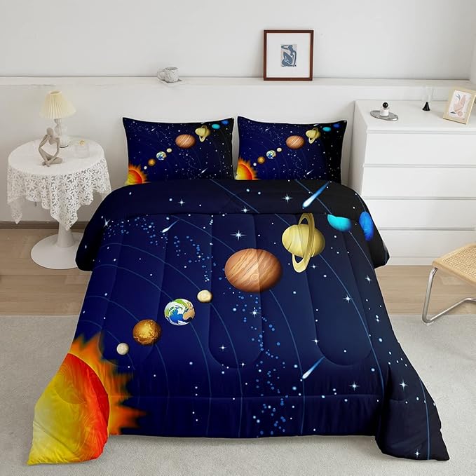 Erosebridal Boys Outer Space Down Comforter, Kids Galaxy Nebula Comforter Set King Size, Starry Sky Cosmos Bedding Set for Children Girls, Solar System Starry Landscape Quilted Duvet, Blue Purple
