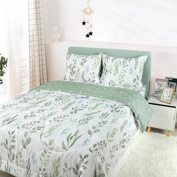 DILIMI Queen Comforter set, 3 Pieces Queen Size Comforter Sets, Reversible Green Comforter Queen, Ultra Soft and Fluffy Bedding Comforter Sets with Comforter, 2 Pillowcase