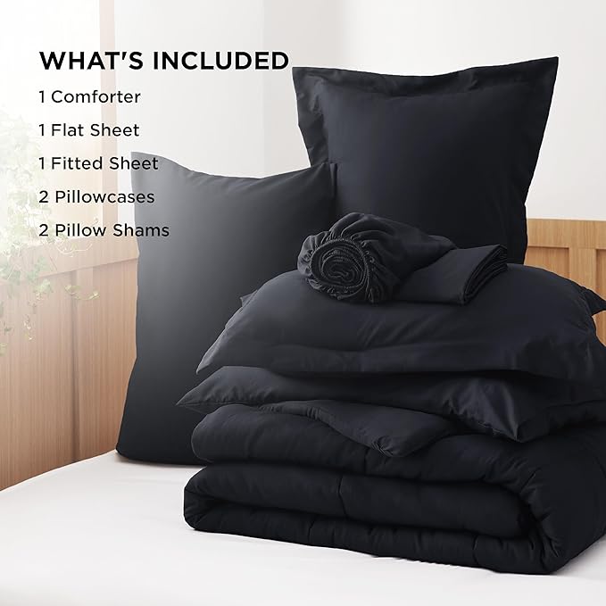 Bedsure Black Queen Size Comforter Set - 7 Pieces Solid Queen Bed Set, Queen in a Bag Black with Quilted Warm Fluffy Comforters, Sheets, Pillowcases & Shams