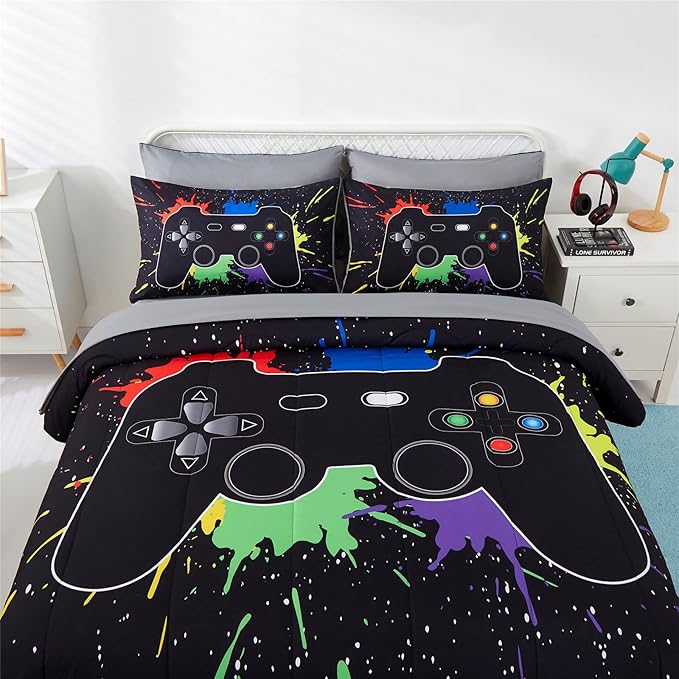 KAKKI 5 Piece Boys Queen Gamer Comforter Set with Sheets, 3D Colorful Video Game Controller Comforter for Kids Teen, All Season Soft Microfiber Gaming Bedding Set(Black,Queen)
