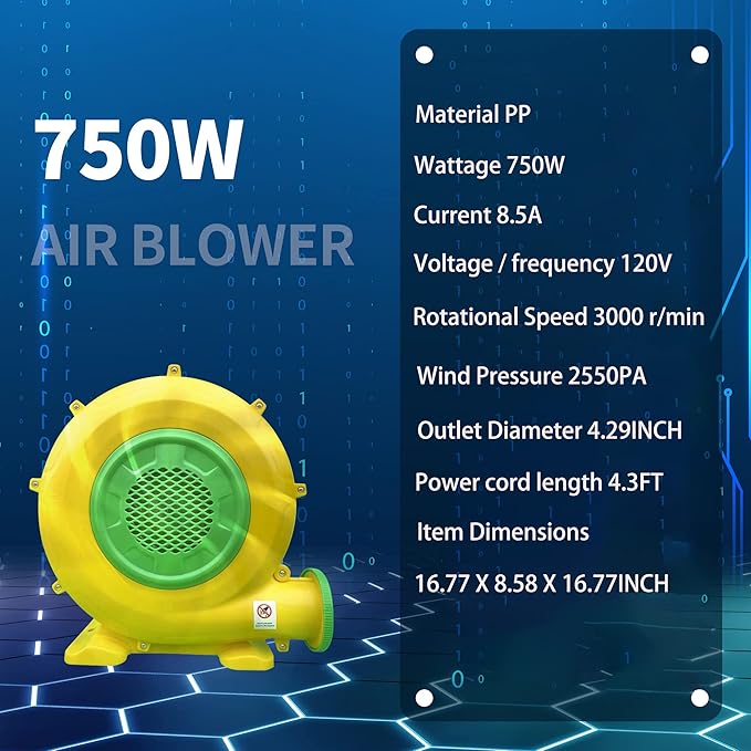 Air Blower 750 Watts with 4M Wire, 2550Pa Pump Fan Commercial Inflatable Bounce House Blower, Used for Inflatable Bouncy Castle and Jump Slides (750W,1HP)