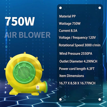 Air Blower 750 Watts with 4M Wire, 2550Pa Pump Fan Commercial Inflatable Bounce House Blower, Used for Inflatable Bouncy Castle and Jump Slides (750W,1HP)
