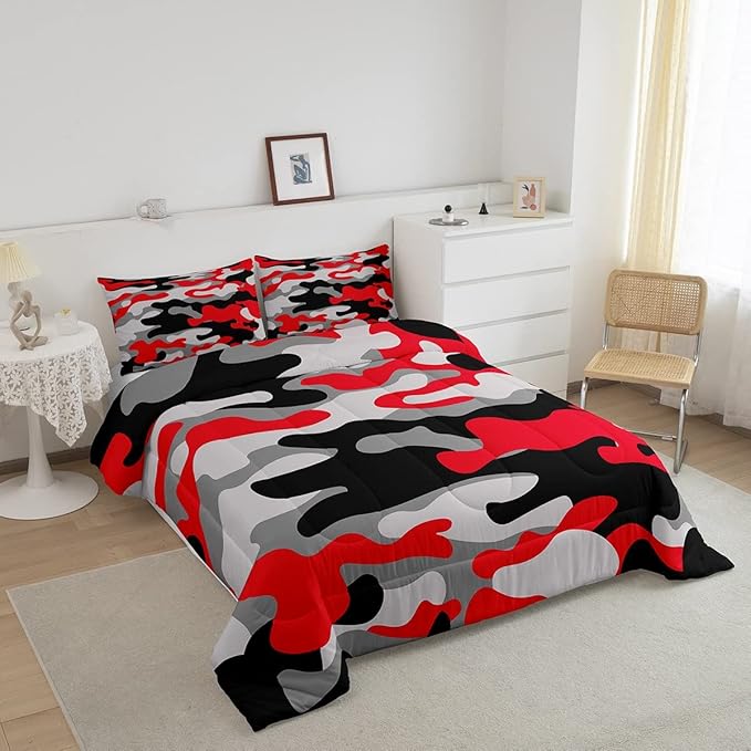 Full Size Camouflage Comforter Set 3Pcs Kids Bedding Set for Boys Girls Teens 1 Comforter & 2 Pillowcases(Full,Red Black) Boys