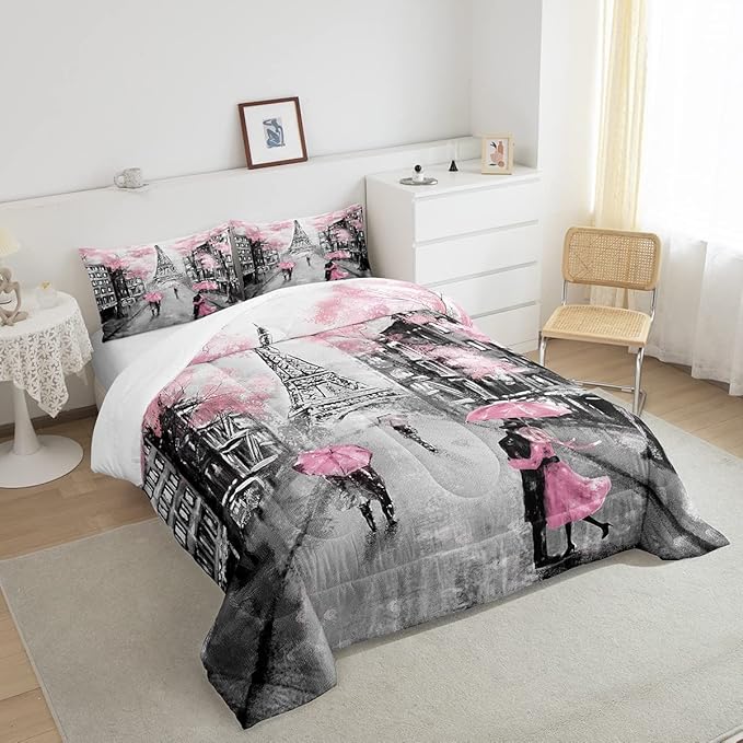Paris Comforter Set French Eiffel Tower Bedding Sets Twin for Girls Kids Women Paris Themed Bedroom Decor Watercolor Cherry Blossoms Comforter Couple Retro Gray Building Quilted Duvet Pink Grey 2 Pcs