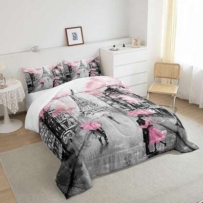 Paris Comforter Set French Eiffel Tower Bedding Sets Twin for Girls Kids Women Paris Themed Bedroom Decor Watercolor Cherry Blossoms Comforter Couple Retro Gray Building Quilted Duvet Pink Grey 2 Pcs