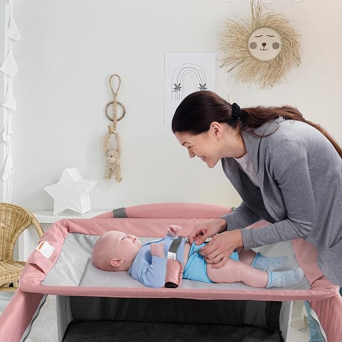 5 in 1 Baby Crib, Bedside Cribs, Pack and Play with Bassinet and Changing Table, Portable Travel Baby Playpen with Toys & Music Box,Mattress for Girl Boy Infant Newborn (Pink)