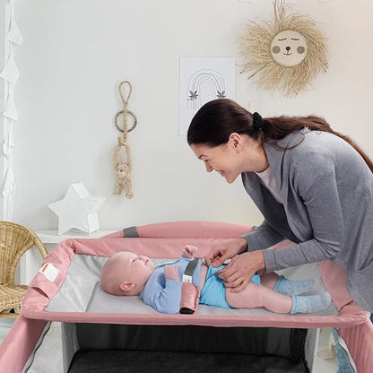 5 in 1 Baby Crib, Bedside Cribs, Pack and Play with Bassinet and Changing Table, Portable Travel Baby Playpen with Toys & Music Box,Mattress for Girl Boy Infant Newborn (Pink)