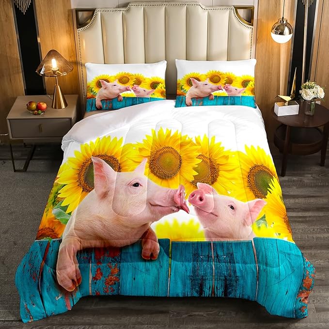 Pig Comforter Set Twin Sunflower Bedding Set For Kids Boys Girls Farmhouse Animals Duvet Set Funny Cute Pig Quilt Set Rustic Country Plant Floral Comforter Set Turquoise Wooden Comforter Set