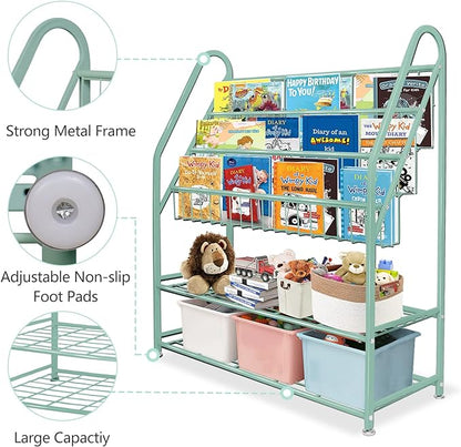aboxoo Metal Kids Bookshelf Green Freestanding for Children Room 32 in Toy Organizer Book Unit Storage Large Green Stable Bookcase Bookstore Living Room Bed Room Library