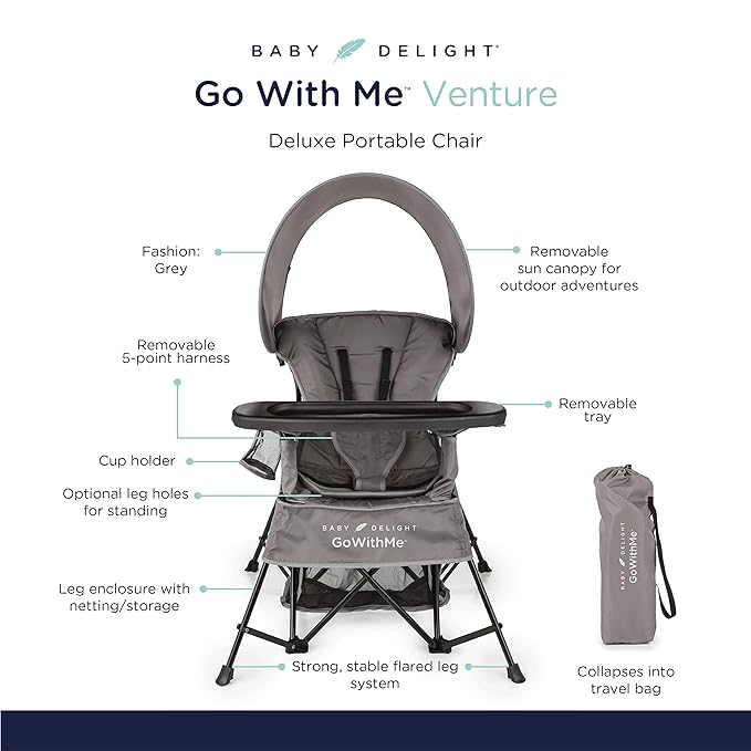 Baby Delight Go with Me Venture Portable Chair | Indoor and Outdoor | Sun Canopy | 3 Child Growth Stages | Grey