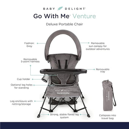 Baby Delight Go with Me Venture Portable Chair | Indoor and Outdoor | Sun Canopy | 3 Child Growth Stages | Grey