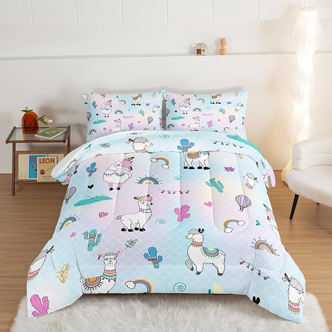 HOSIMA 3 Piece Cartoon Animal Llama Comforter,Cute Alpaca Toddler Comforter,Desert Cactus Plant Queen Comforter Set Set for Adults Kids,Fish Scales Comforter Rainbow Bedding Sets for Girls Boys.