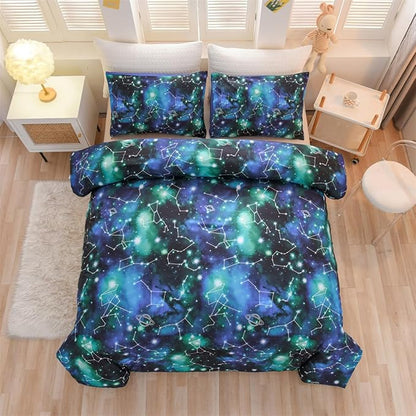 Holawakaka Tie Dye Constellation Print Ombre Comforter Set Twin Size Girls Boys Gradient Galaxy Bedding Set (Black Green,Twin)
