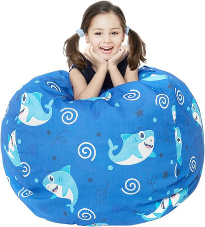 Stuffed Animal Storage Bean Bag Chair Cover, Hold Kids Plush Toys Blankets Towels Beanbag (Cover Only), Canvas Floor Circle Stuff Sit Seat Sofa with YKK Zipper, Extra Large 38", Blue Shark