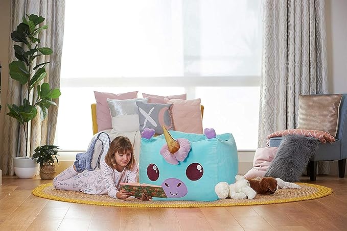 Aubliss Unicorn Stuffed Animal Storage Bean Bag Chair for Kids, Velvet Extra Soft Beanbag Chairs Cover, X-Large Stuffable Zipper Bean Bag for Organizing Plush Toys Girls Bedroom Decor, Cyan