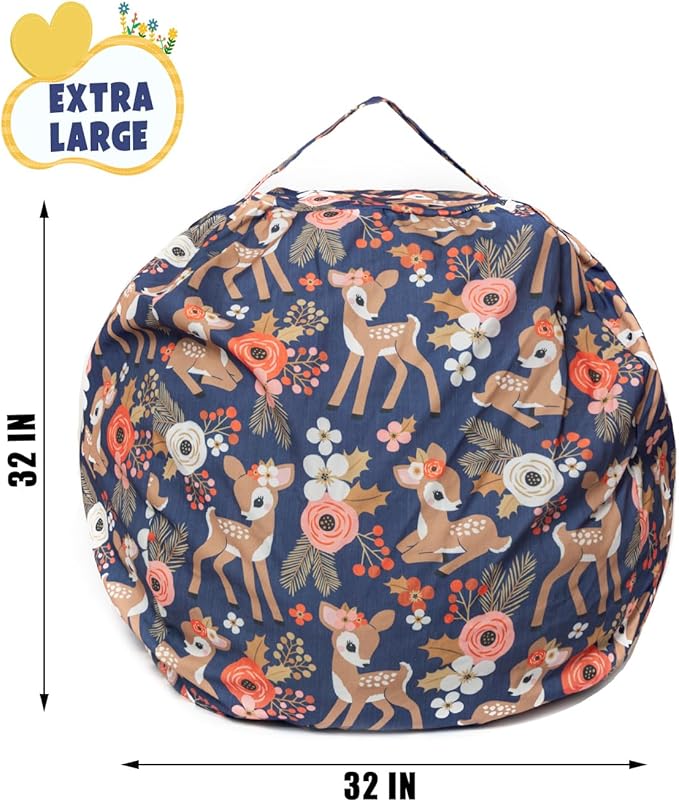 Stuffed Animal Storage Bean Bag Chair Cover, Hold Kids Plush Toys Blankets Towels Beanbag (Cover Only), Canvas Floor Circle Stuff Sit Seat Sofa with YKK Zipper, Large 32", Fawn