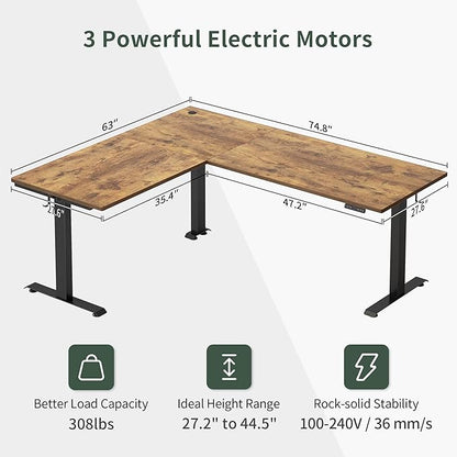 FEZIBO 75 Inches, Supports over 300mlbs, L Shaped Standing Desk Reversible, Electric Height Adjustable Corner Stand up Desk, Sit Stand Desk Computer Workstation, Black Frame/Rustic Brown Top