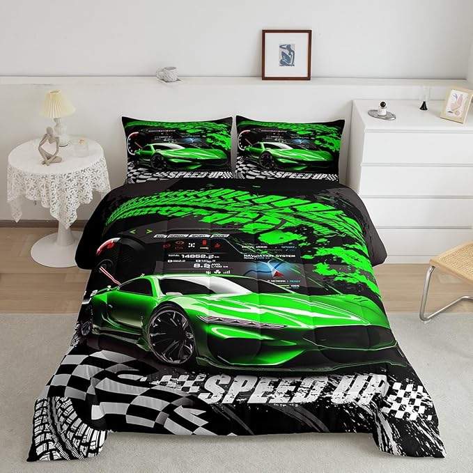 Feelyou Kids Boys Girls Race car Comforter King Size, Green Race Car Buffalo Plaid Comforter Set for Teens Toddler Sports Car Bedding Set Racing Car Duvet Set Room Decor Quilt Set Bedding Collection