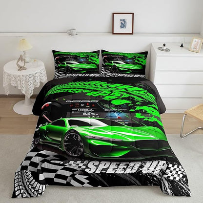 Feelyou Kids Boys Girls Race car Comforter Full Size, Green Race Car Buffalo Plaid Comforter Set for Teens Toddler Sports Car Bedding Set Racing Car Duvet Set Bed Set Room Decor Bedding Collection