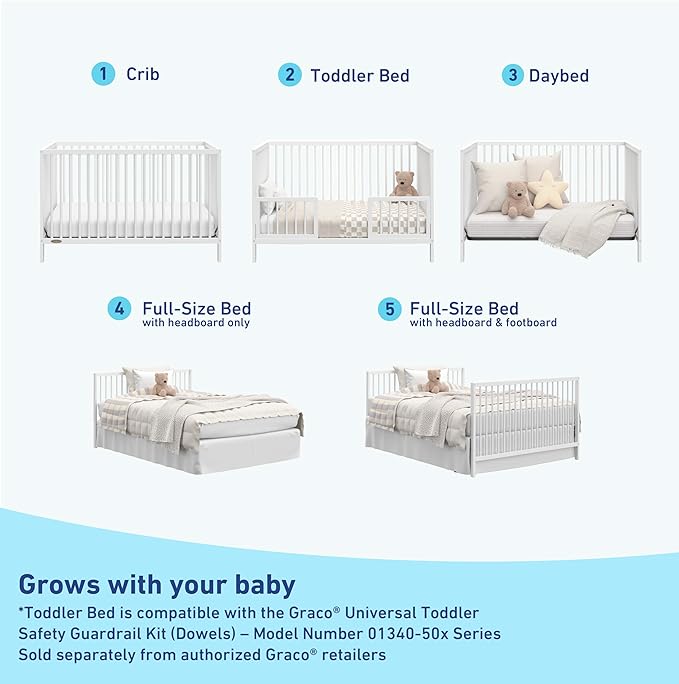 Graco Teddi 5-in-1 Convertible Crib (White) – GREENGUARD Gold Certified, Converts to Daybed, Toddler & Twin Bed with Headboard and Footboard, Adjustable Mattress Height