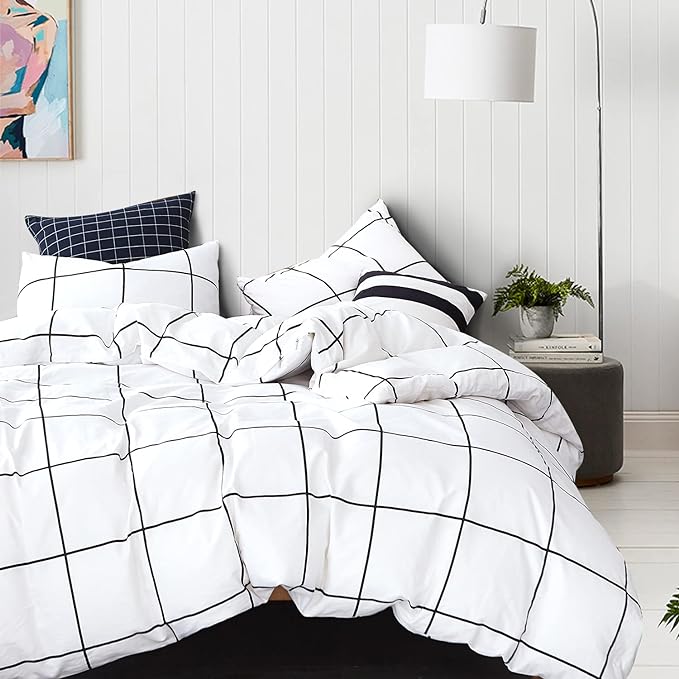 White Grid Comforter Set Big Grid Bedding Set Twin Cotton White with Black Plaid Printed Stripes Women Checkered Comforters Bedding Set White Grid Bed Blanket Set White Plaid Comforter