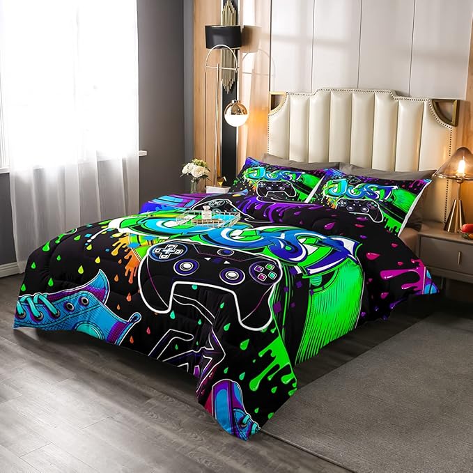 Erosebridal Boy Gaming Comforter Set Full Gamepad Game Bedding Set Gamers Quilt Tie Dye Duvet Set for Kids Teens Hip Hop Quilt Set Cartoon Design Bedding, Colorful Comforter Set