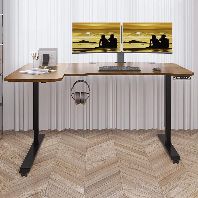 Adjustable Height L-Shaped 59 Inch Electric Standing Desk - Sit Stand Computer Desk with 3 Splice Board, Lockable Casters, Stand Up Desk Table for Home Office, Black Frame and Rustic Brown Top