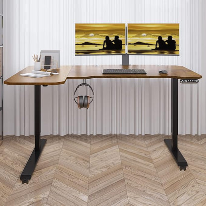 Adjustable Height L-Shaped 59 Inch Electric Standing Desk - Sit Stand Computer Desk with 3 Splice Board, Lockable Casters, Stand Up Desk Table for Home Office, Black Frame and Rustic Brown Top
