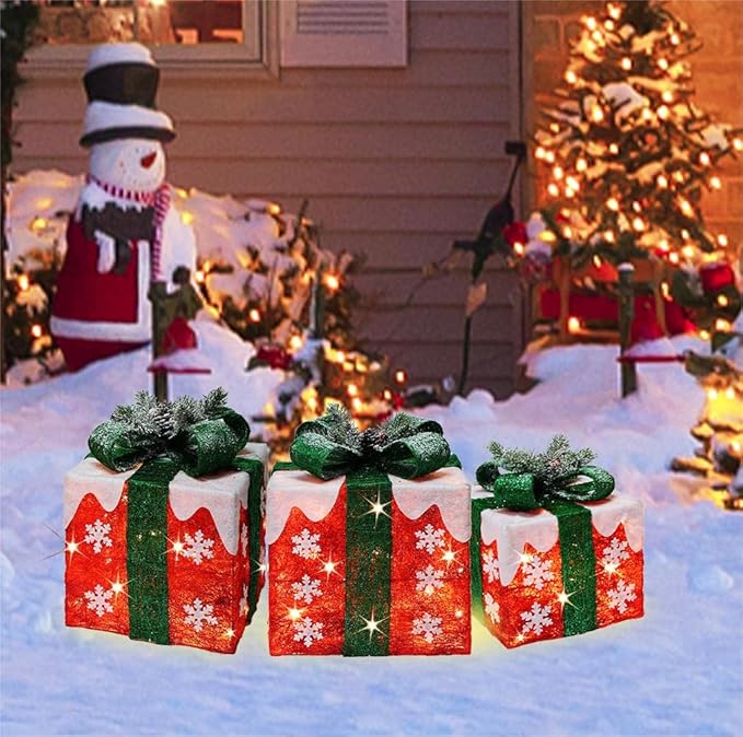 [Ultra-Large 16"x14"x11.5" Christmas Set of 3 Lighted Gift Boxes Decorations Pre-lit 91 Super-Bright LED with Flashers,for Indoor Outdoor Pathway Holiday Party Home(Warm White)