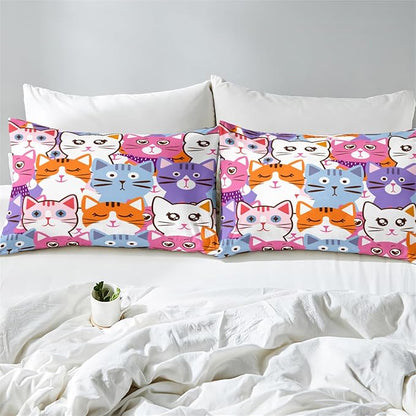 Cat Comforter Set Queen Size - 3Pcs Colorful Cat Bedding Set for Boys Girls Teens Cute Animals Themed Bedding Set Warm Ultra Soft Cartoon Cat Quilt Cover with 2 Pillowcases for Kids Room Decor
