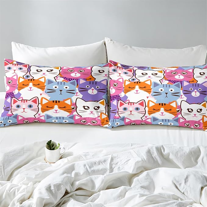 Cat Full Comforter Set for Bedroom - 3Pcs Colorful Cat Comforter Set for Teens Kids Cute Cartoon Cat Bedding Set Ultra Soft Warm Lightweight Kawaii Animal Patterns Comforter with 2 Pillowcases